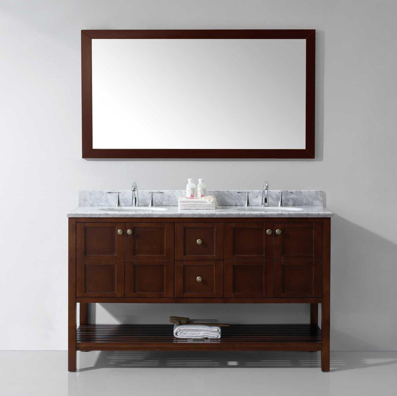 Winterfell 60" Double Bath Vanity Set with Italian Carrara White Marble Top & Oval Double Centered Basin ED-30060-WMRO Cherry Mirror