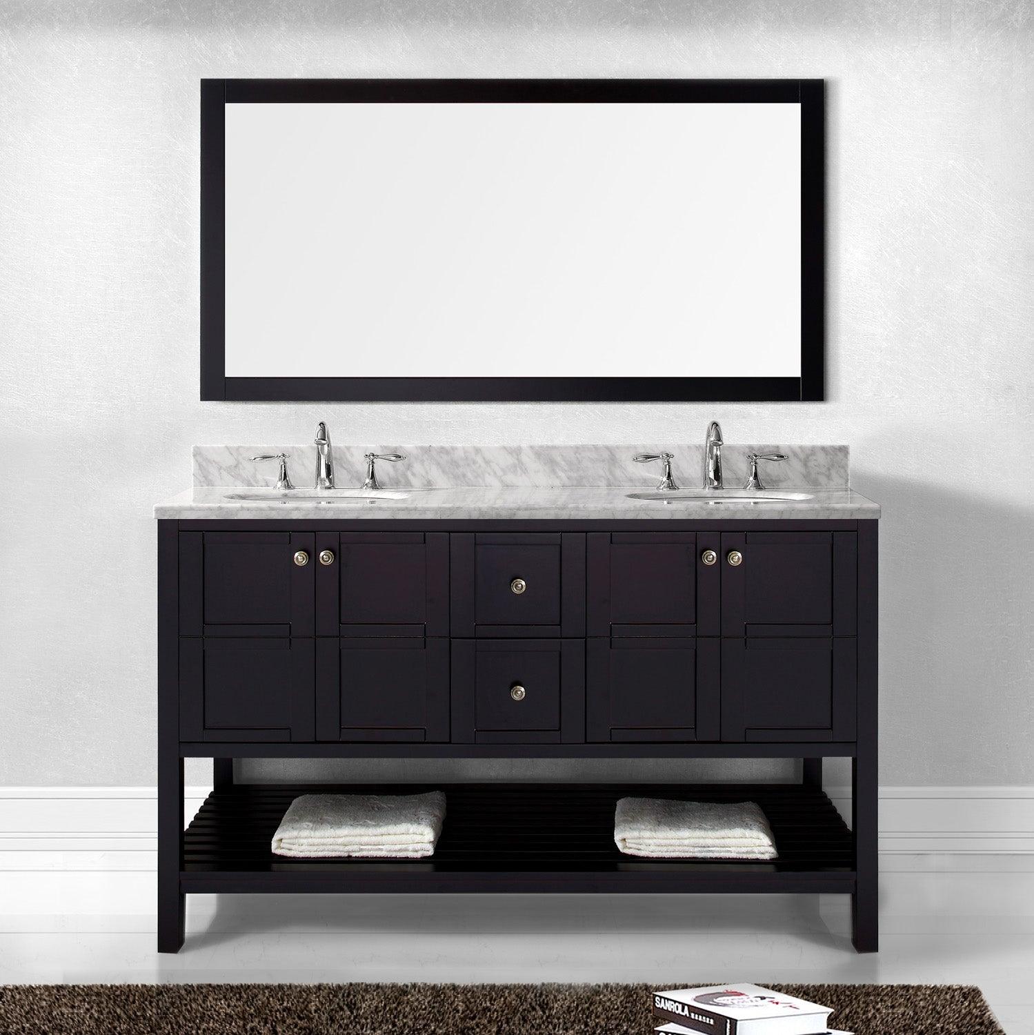 Winterfell 60" Double Bath Vanity Set with Italian Carrara White Marble Top & Oval Double Centered Basin ED-30060-WMRO Espresso Mirror front