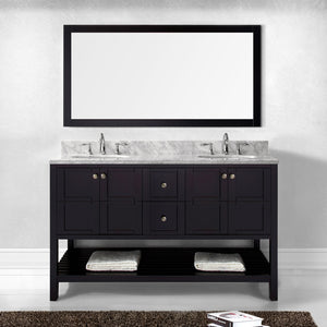 Winterfell 60" Double Bath Vanity Set with Italian Carrara White Marble Top & Oval Double Centered Basin ED-30060-WMRO Espresso Mirror front