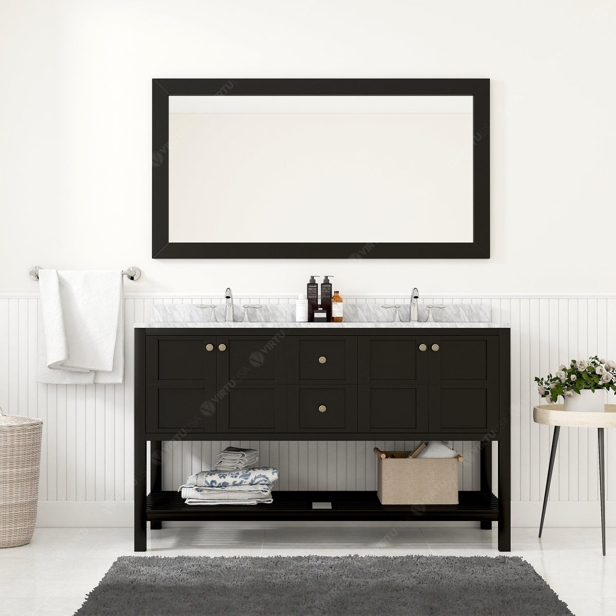Winterfell 60" Double Bath Vanity Set with Italian Carrara White Marble Top & Oval Double Centered Basin ED-30060-WMRO Espresso Mirror1