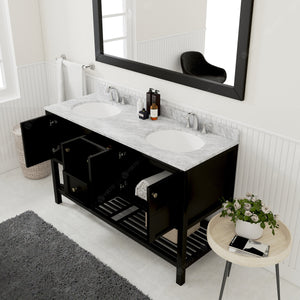 Winterfell 60" Double Bath Vanity Set with Italian Carrara White Marble Top & Oval Double Centered Basin ED-30060-WMRO Espresso Mirror open