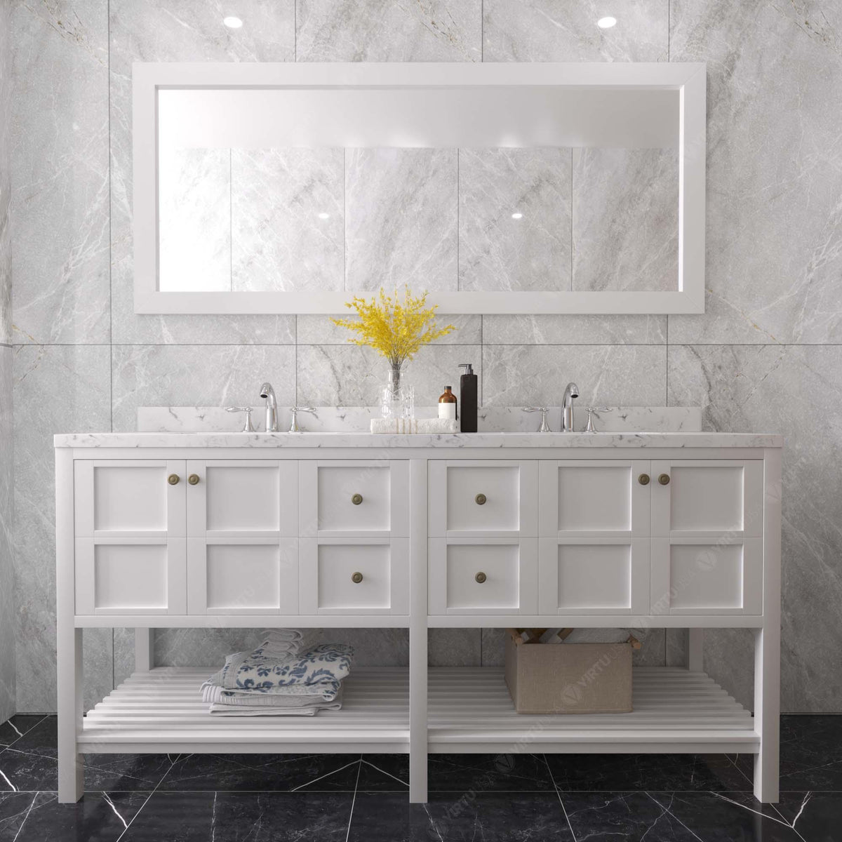 Virtu Winterfell 72" Double Bath Vanity Set with Cultured Marble Quartz Top & Rectangular Centered Basin Mirror White 1