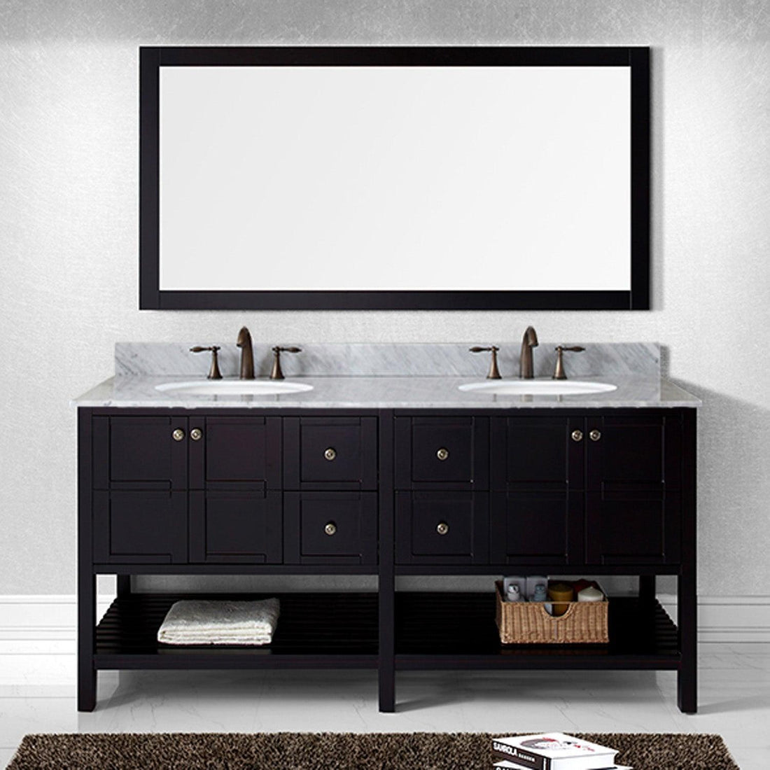 Winterfell 72" Double Bath Vanity Set with Italian Carrara White Marble Top & Oval Double Centered Basin Espresso