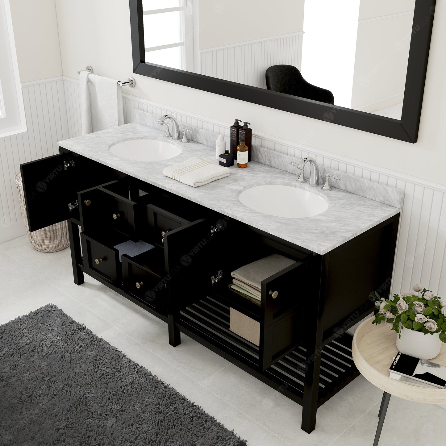 Winterfell 72" Double Bath Vanity Set with Italian Carrara White Marble Top & Oval Double Centered Basin Espresso open