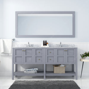 Winterfell 72" Double Bath Vanity Set with Italian Carrara White Marble Top & Oval Double Centered Basin Mirror Gray Front