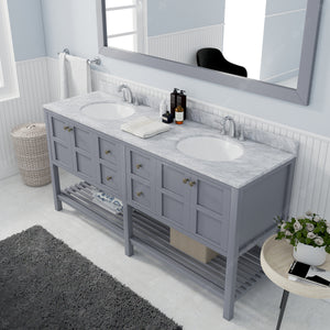 Winterfell 72" Double Bath Vanity Set with Italian Carrara White Marble Top & Oval Double Centered Basin Mirror Gray side
