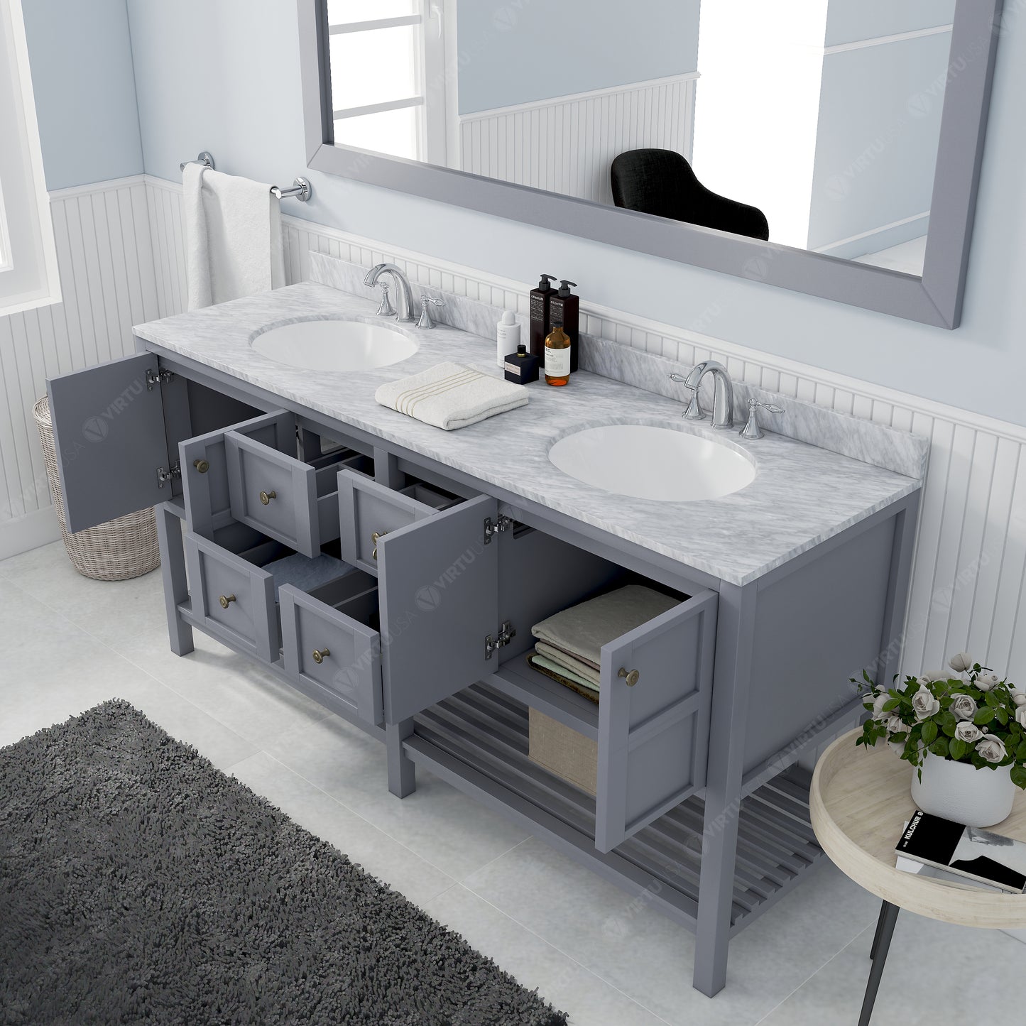 Winterfell 72" Double Bath Vanity Set with Italian Carrara White Marble Top & Oval Double Centered Basin Mirror Gray open