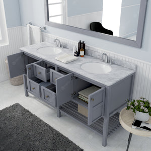 Winterfell 72" Double Bath Vanity Set with Italian Carrara White Marble Top & Oval Double Centered Basin Mirror Gray open