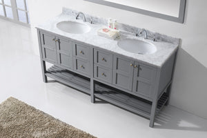 Winterfell 72" Double Bath Vanity Set with Italian Carrara White Marble Top & Oval Double Centered Basin Mirror Gray up