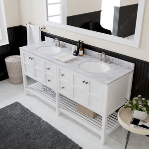 Winterfell 72" Double Bath Vanity Set with Italian Carrara White Marble Top & Oval Double Centered Basin Mirror White side