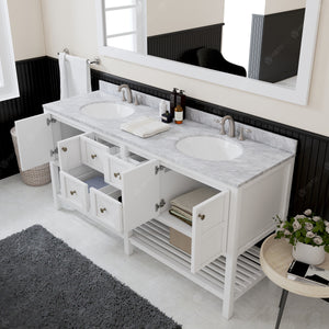 Winterfell 72" Double Bath Vanity Set with Italian Carrara White Marble Top & Oval Double Centered Basin Mirror White open