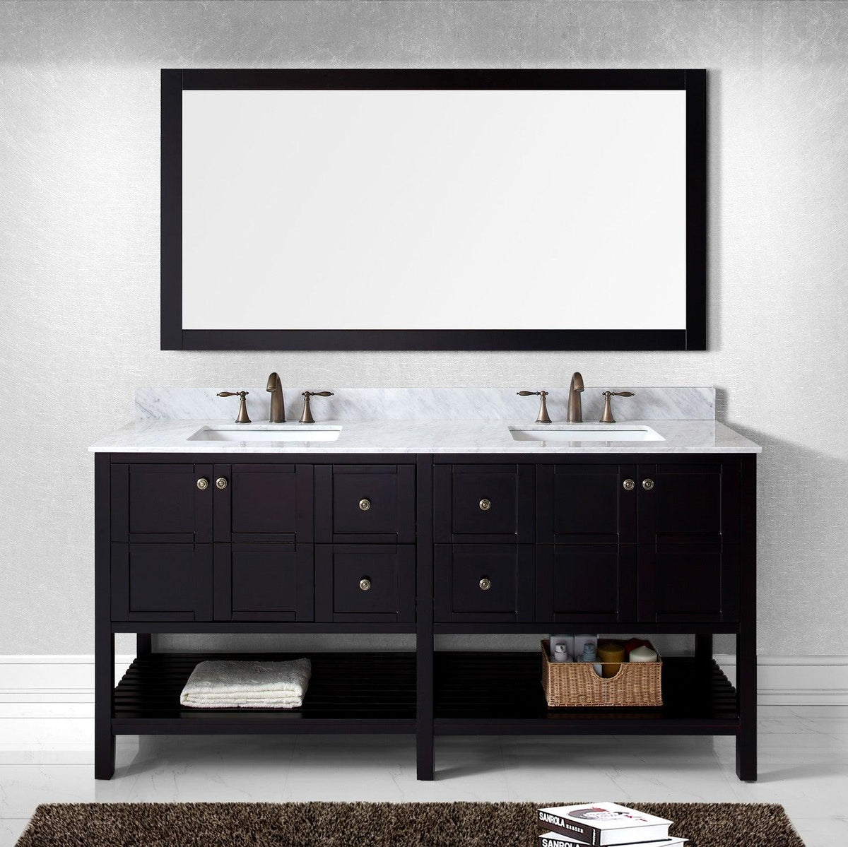 Winterfell 72" Double Bath Vanity Set with Italian Carrara White Marble Top & Rectangular Double Centered Basin, Mirror  Espresso front