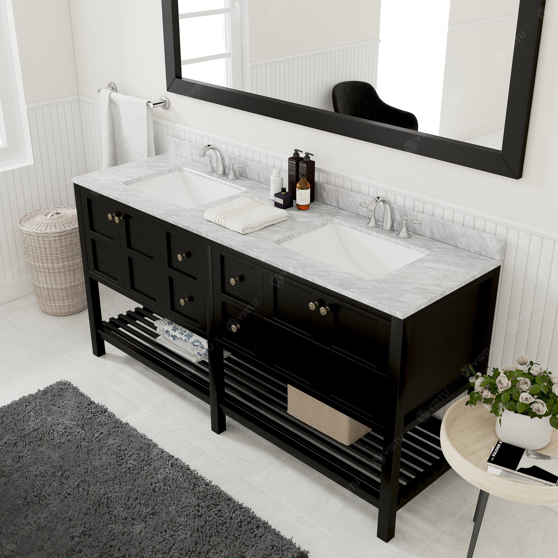 Winterfell 72" Double Bath Vanity Set with Italian Carrara White Marble Top & Rectangular Double Centered Basin, Mirror  Espresso side