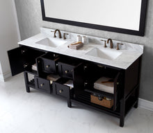 Load image into Gallery viewer, Winterfell 72&quot; Double Bath Vanity Set with Italian Carrara White Marble Top &amp; Rectangular Double Centered Basin, Mirror  Espresso open