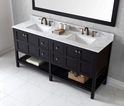 Winterfell 72" Double Bath Vanity Set with Italian Carrara White Marble Top & Rectangular Double Centered Basin, Mirror  Espresso up