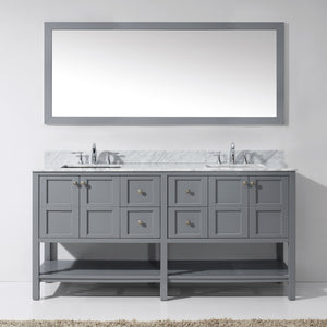 Winterfell 72" Double Bath Vanity Set with Italian Carrara White Marble Top & Rectangular Double Centered Basin, Mirror  Gray front