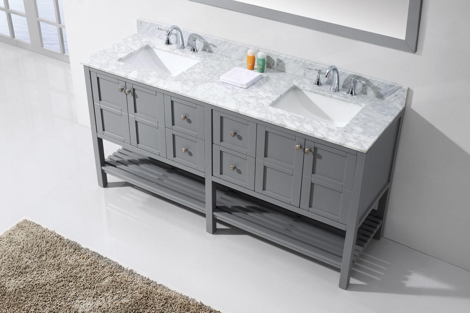 Winterfell 72" Double Bath Vanity Set with Italian Carrara White Marble Top & Rectangular Double Centered Basin, Mirror  Gray up