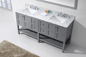 Winterfell 72" Double Bath Vanity Set with Italian Carrara White Marble Top & Rectangular Double Centered Basin, Mirror  Gray up