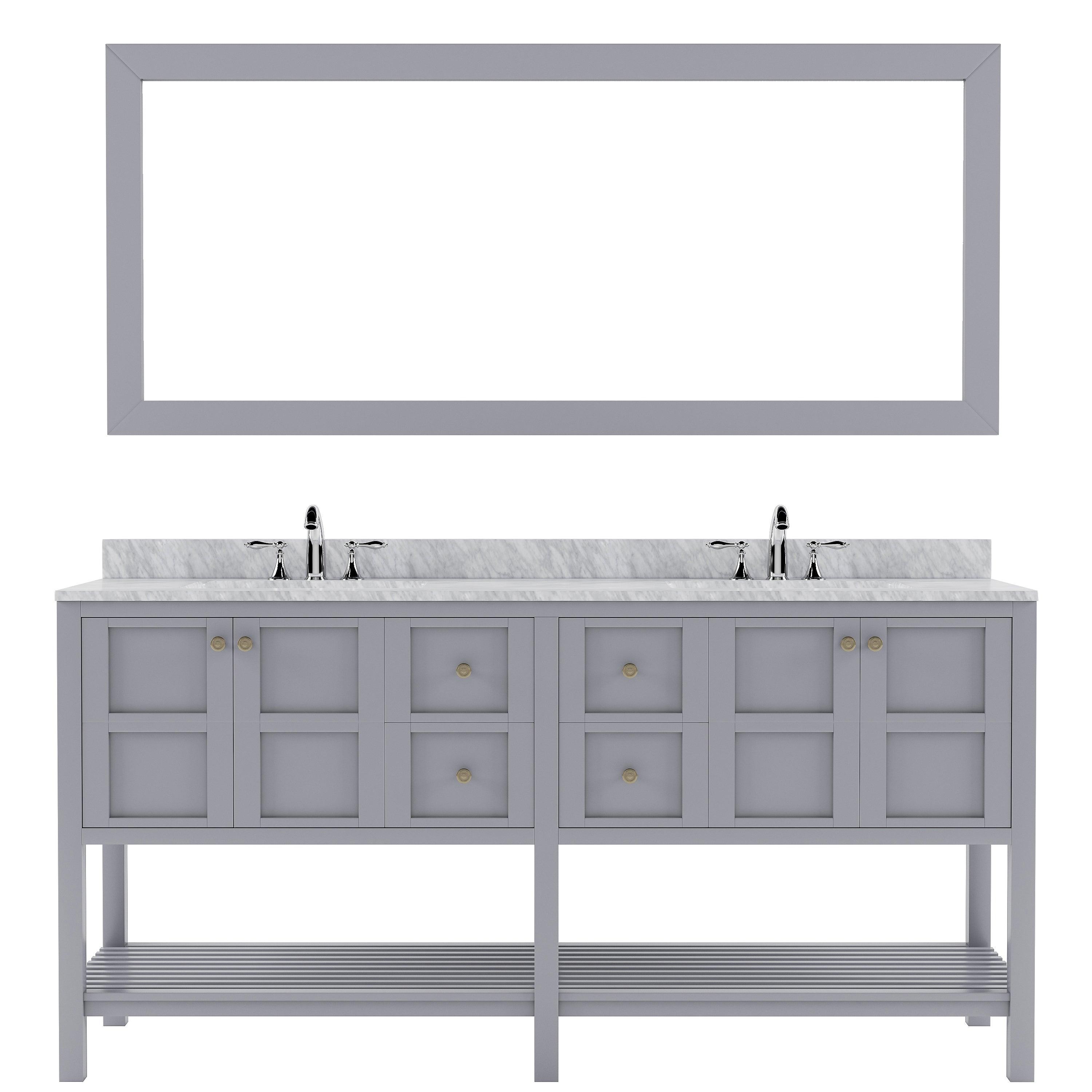 Winterfell 72" Double Bath Vanity Set with Italian Carrara White Marble Top & Rectangular Double Centered Basin, Mirror  Gray