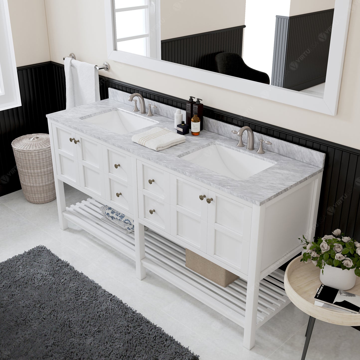 Winterfell 72" Double Bath Vanity Set with Italian Carrara White Marble Top & Rectangular Double Centered Basin, Mirror  White side