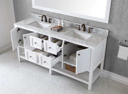 Winterfell 72" Double Bath Vanity Set with Italian Carrara White Marble Top & Rectangular Double Centered Basin, Mirror  White open 1