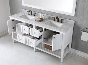 Winterfell 72" Double Bath Vanity Set with Italian Carrara White Marble Top & Rectangular Double Centered Basin, Mirror  White open 1