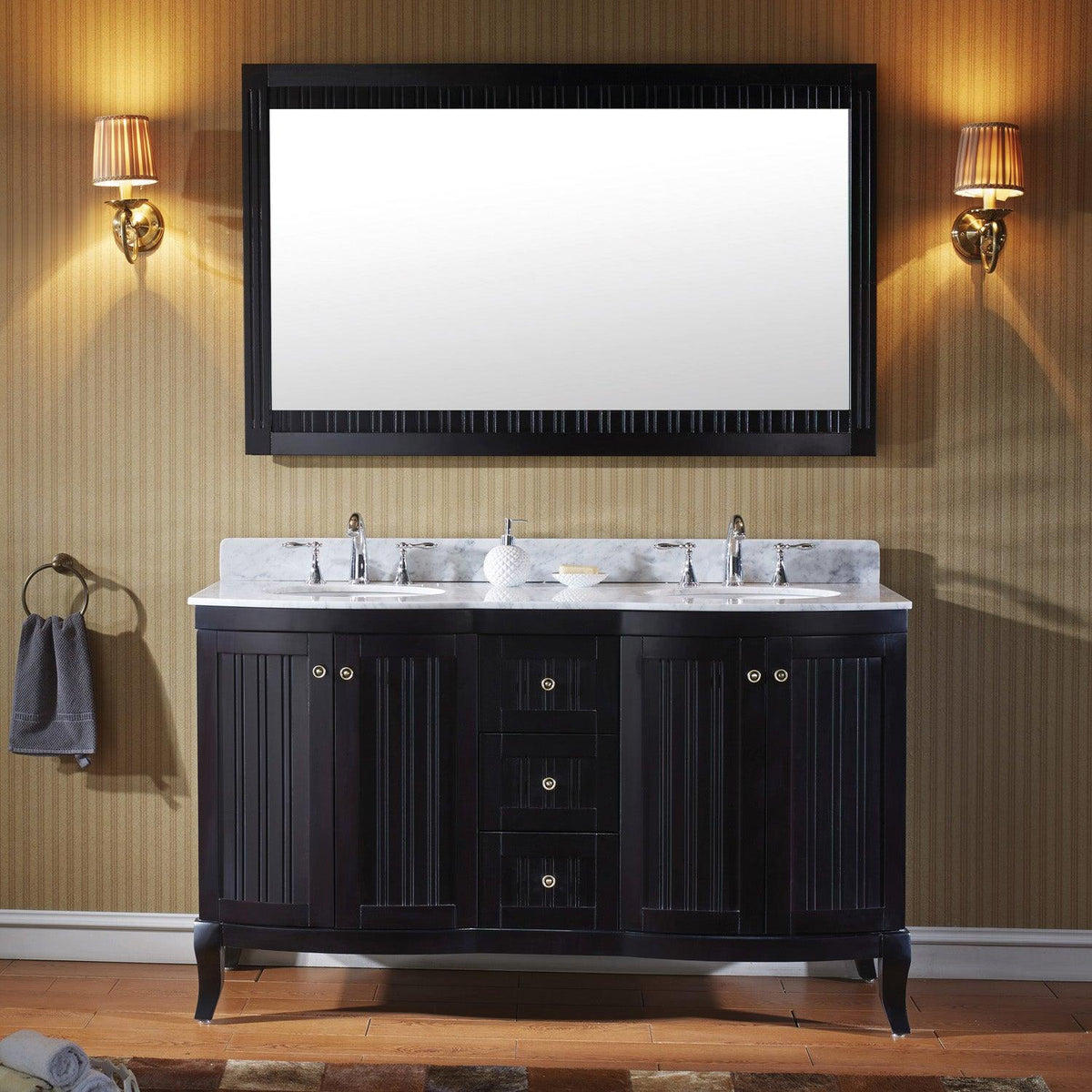 Khaleesi 60" Double Bath Vanity Set with Italian Carrara White Marble Top & Oval Double Centered Basin Espresso front