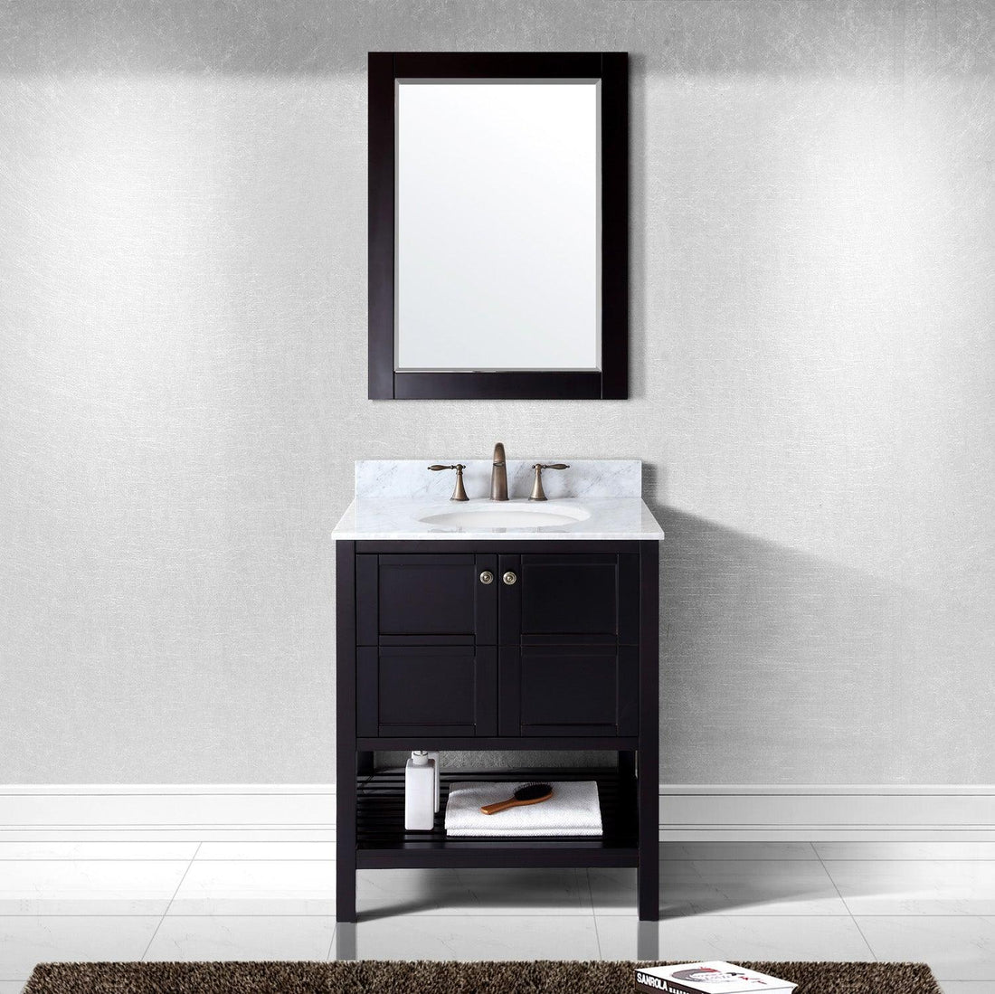 Winterfell 30" Single Bath Vanity Set with Italian Carrara White Marble Top & Oval Centered Basin Mirror Espresso