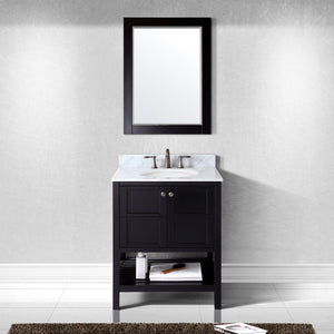 Winterfell 30" Single Bath Vanity Set with Italian Carrara White Marble Top & Oval Centered Basin Mirror front