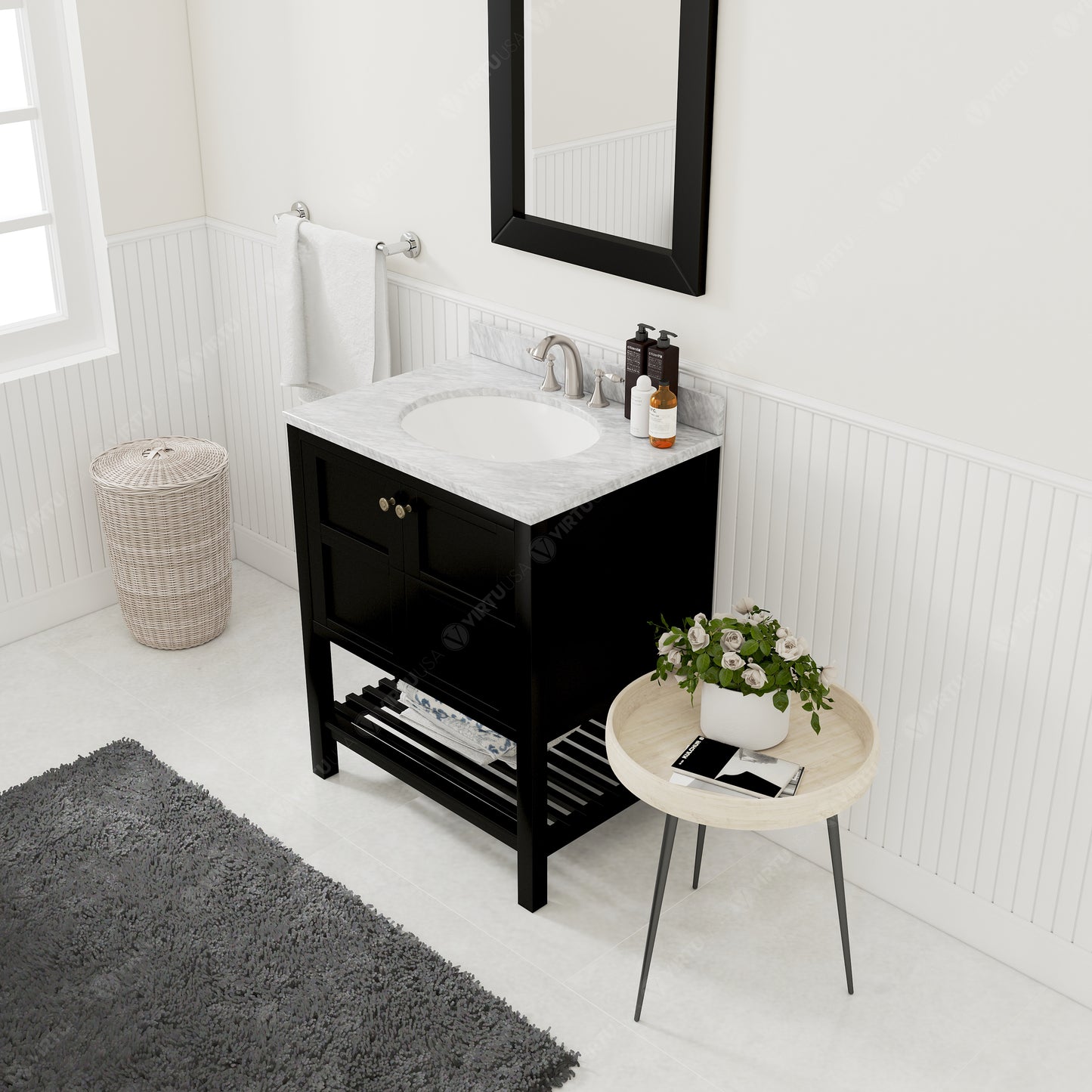 Winterfell 30" Single Bath Vanity Set with Italian Carrara White Marble Top & Oval Centered Basin Mirror Espresso up