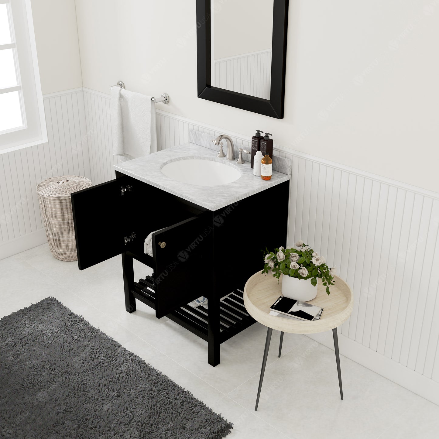 Winterfell 30" Single Bath Vanity Set with Italian Carrara White Marble Top & Oval Centered Basin Mirror Espresso open