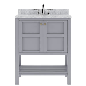 Winterfell 30" Single Bath Vanity Set with Italian Carrara White Marble Top & Oval Centered Basin Mirror Gray1