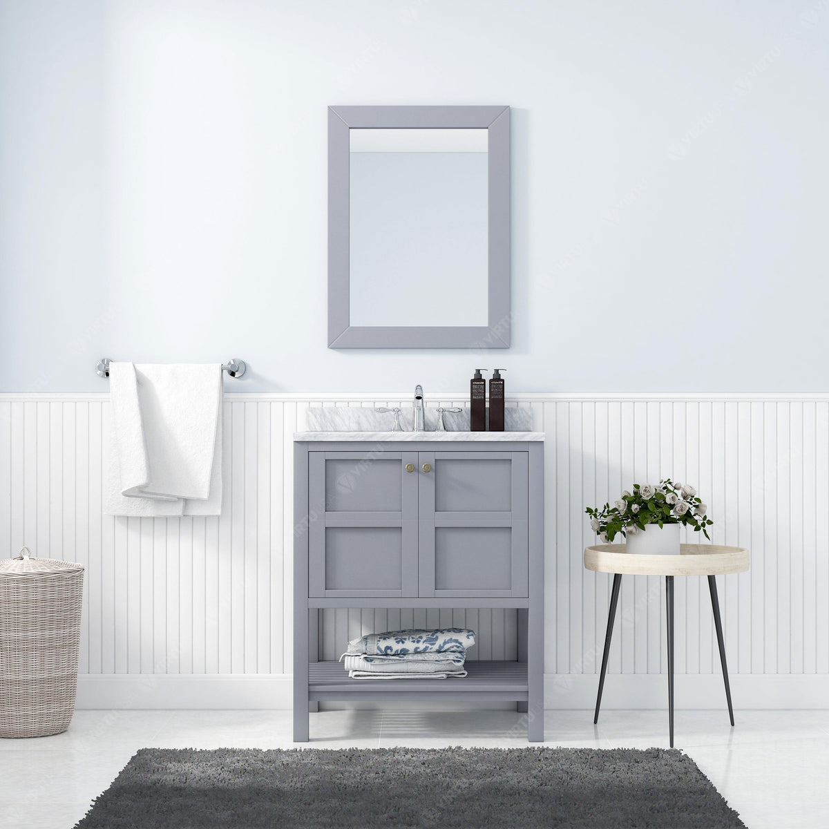Winterfell 30" Single Bath Vanity Set with Italian Carrara White Marble Top & Oval Centered Basin Mirror Gray Mirror front