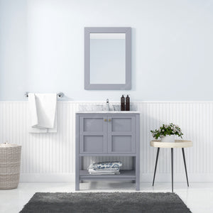 Winterfell 30" Single Bath Vanity Set with Italian Carrara White Marble Top & Oval Centered Basin Mirror Gray Mirror front