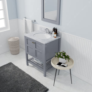 Winterfell 30" Single Bath Vanity Set with Italian Carrara White Marble Top & Oval Centered Basin Mirror Gray up