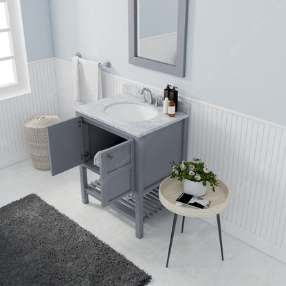 Winterfell 30" Single Bath Vanity Set with Italian Carrara White Marble Top & Oval Centered Basin Mirror Gray open