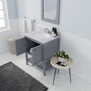 Winterfell 30" Single Bath Vanity Set with Italian Carrara White Marble Top & Oval Centered Basin Mirror Gray open