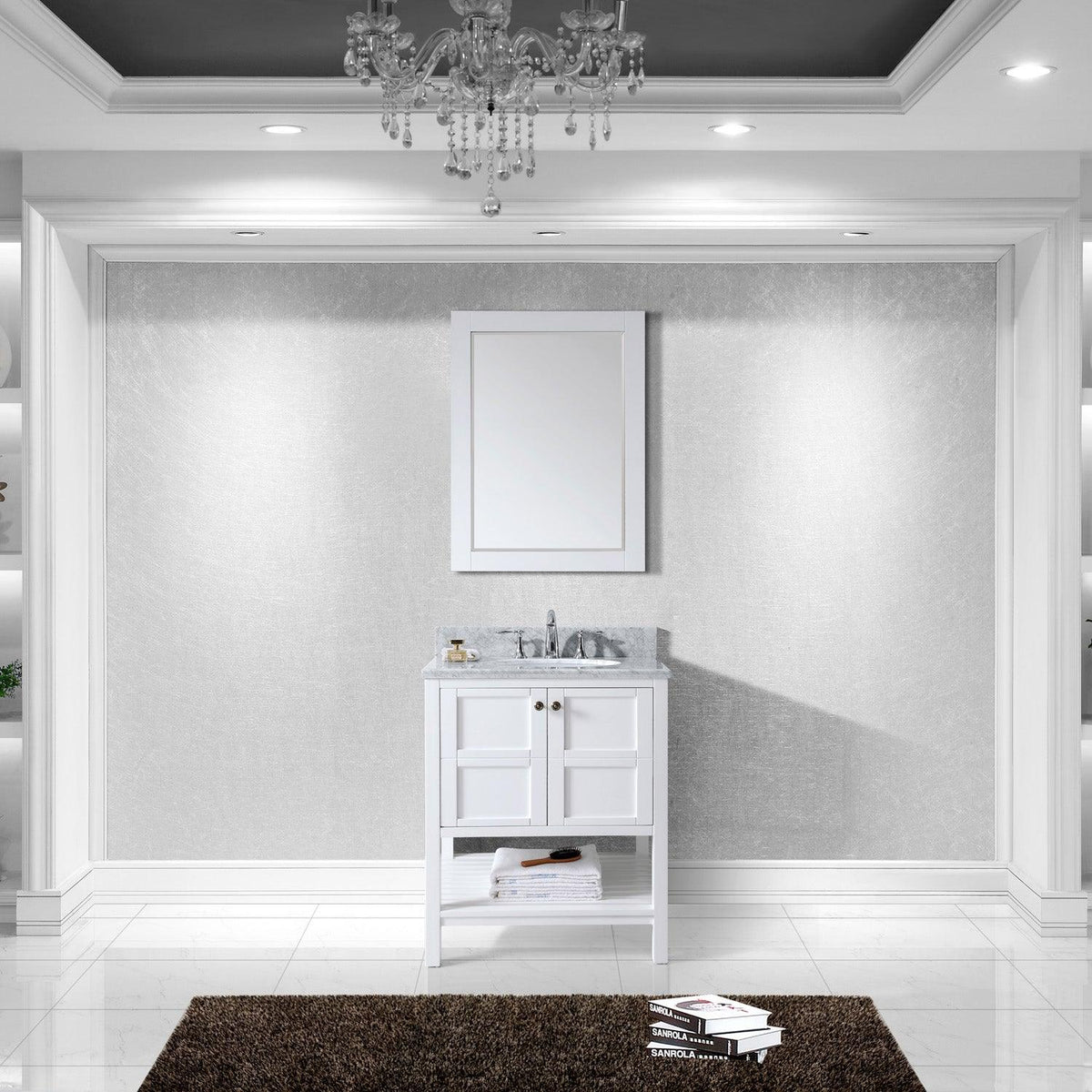 Winterfell 30" Single Bath Vanity Set with Italian Carrara White Marble Top & Oval Centered Basin Mirror White front