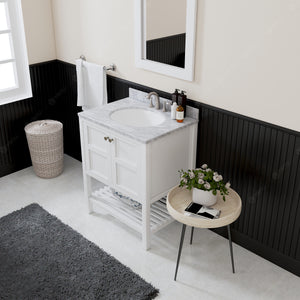Winterfell 30" Single Bath Vanity Set with Italian Carrara White Marble Top & Oval Centered Basin Mirror White up