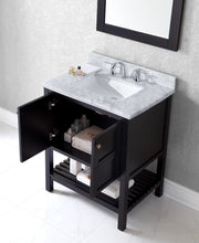 Load image into Gallery viewer, ES-30030-WMSQ-ES Espresso Winterfell 30&quot; Single Bath Vanity Set with Italian Carrara White Marble Top &amp; Rectangular Centered Basin, Mirror open