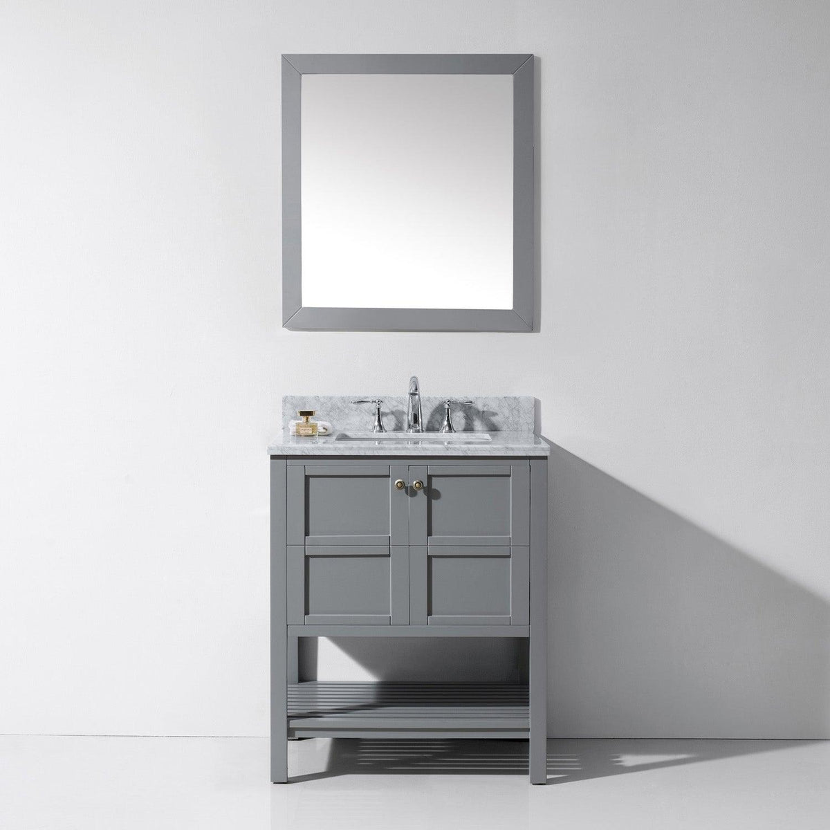 ES-30030-WMSQ-GR Gray Winterfell 30" Single Bath Vanity Set with Italian Carrara White Marble Top & Rectangular Centered Basin, Mirror