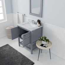 Load image into Gallery viewer, ES-30030-WMSQ-GR Gray Winterfell 30&quot; Single Bath Vanity Set with Italian Carrara White Marble Top &amp; Rectangular Centered Basin, Mirror open