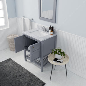 ES-30030-WMSQ-GR Gray Winterfell 30" Single Bath Vanity Set with Italian Carrara White Marble Top & Rectangular Centered Basin, Mirror open