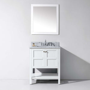 ES-30030-WMSQ-WH Whote Winterfell 30" Single Bath Vanity Set with Italian Carrara White Marble Top & Rectangular Centered Basin, Mirror