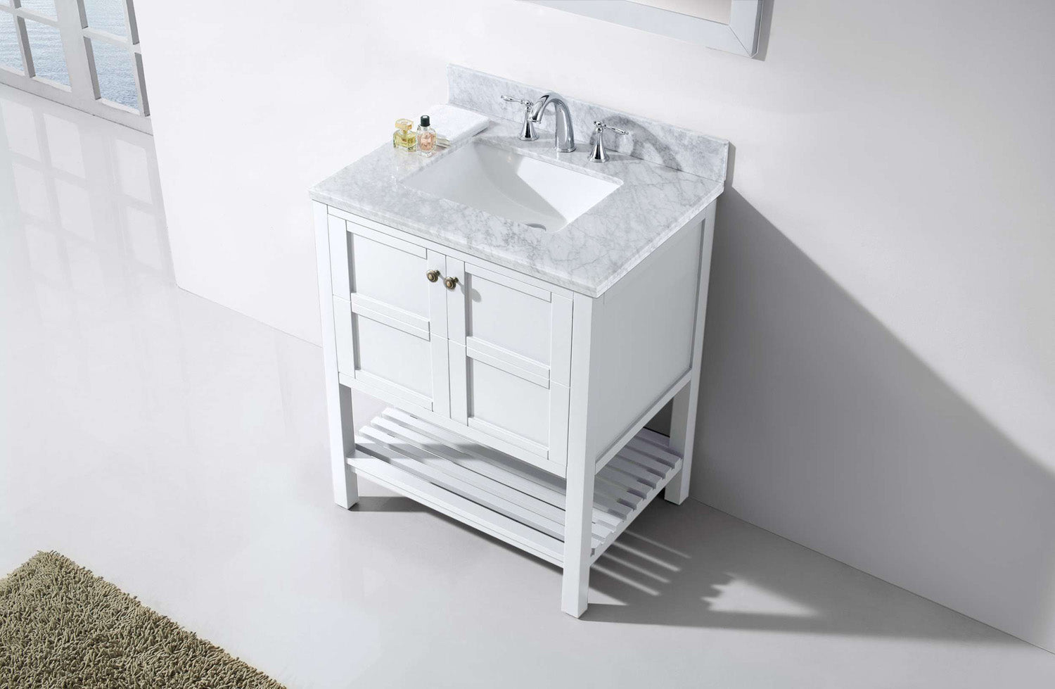 ES-30030-WMSQ-WH Whote Winterfell 30" Single Bath Vanity Set with Italian Carrara White Marble Top & Rectangular Centered Basin, Mirror up