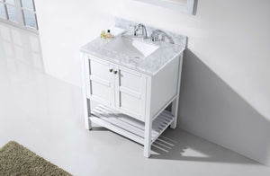 ES-30030-WMSQ-WH Whote Winterfell 30" Single Bath Vanity Set with Italian Carrara White Marble Top & Rectangular Centered Basin, Mirror up