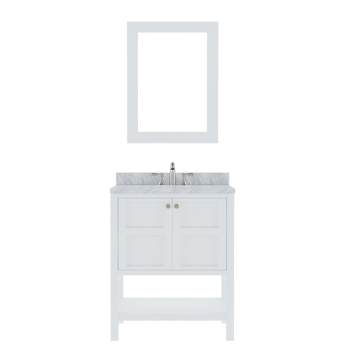 ES-30030-WMSQ-WH Whote Winterfell 30" Single Bath Vanity Set with Italian Carrara White Marble Top & Rectangular Centered Basin, Mirror