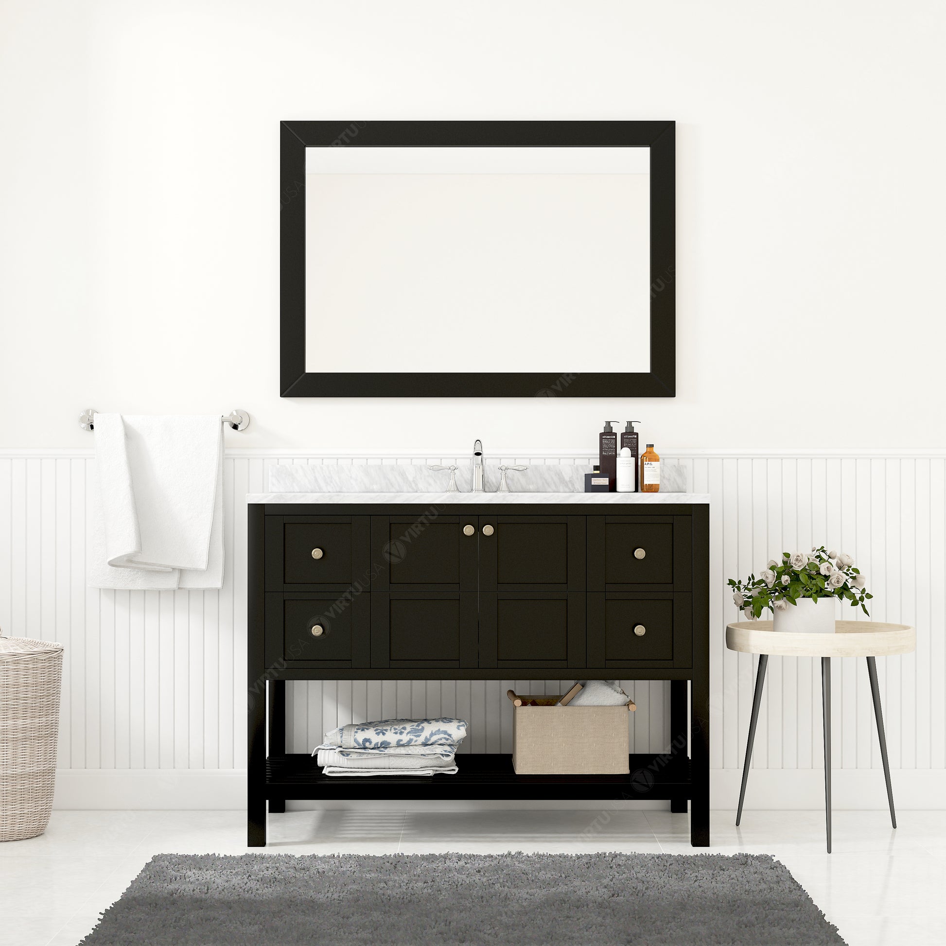 ES-30048-WMSQ-ES Espresso Winterfell 48" Single Bath Vanity Set with Italian Carrara White Marble Top & Rectangular Centered Basin, Mirror