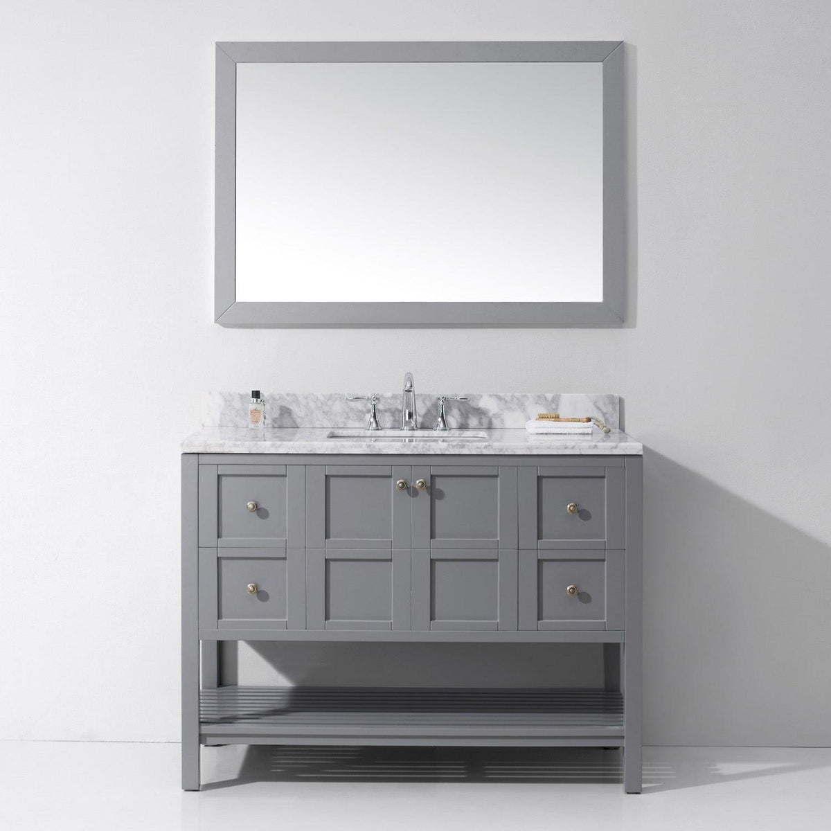 ES-30048-WMSQ-GR Gray Winterfell 48" Single Bath Vanity Set with Italian Carrara White Marble Top & Rectangular Centered Basin, Mirror