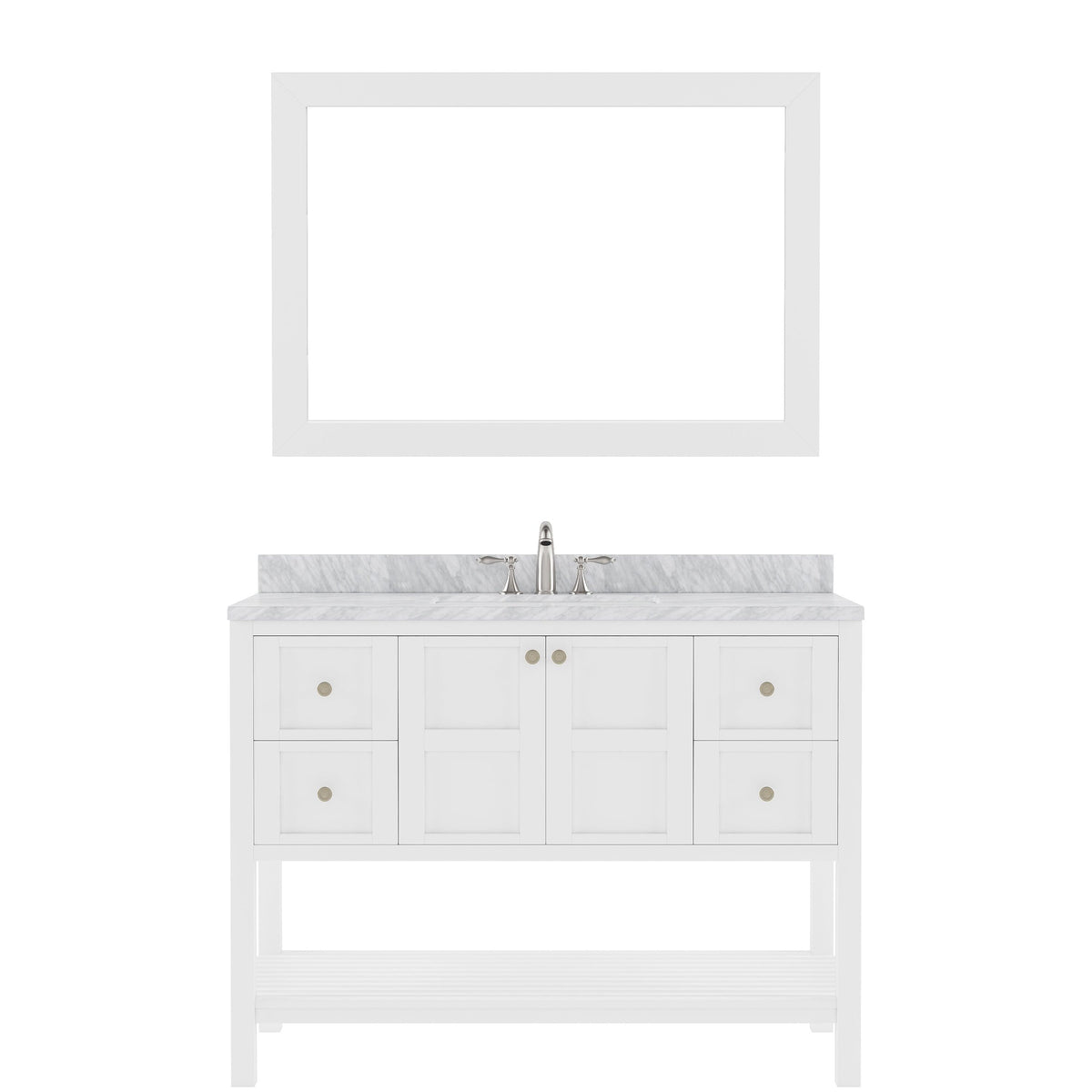 ES-30048-WMSQ-WH White Winterfell 48" Single Bath Vanity Set with Italian Carrara White Marble Top & Rectangular Centered Basin, Mirror